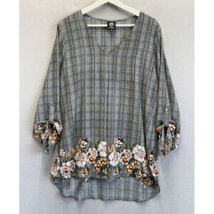 Bobeau‎ Women's Sz XL Floral Print Long Sleeve Rolled Tabs V Neck Hi Low Top